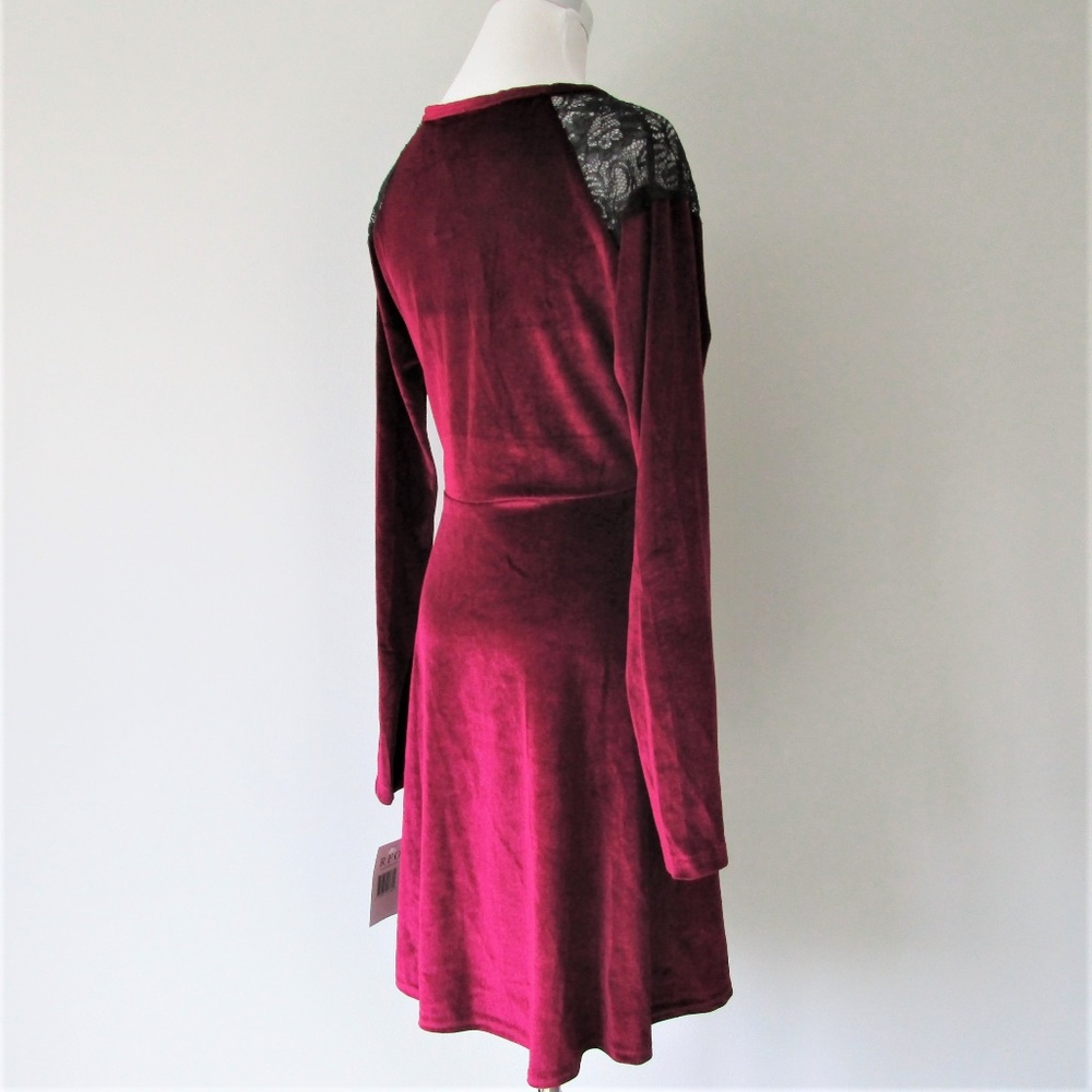 NWT Angie Red Wine Velvet Lace Faux Wrap Dress MED - Picture 8 of 8